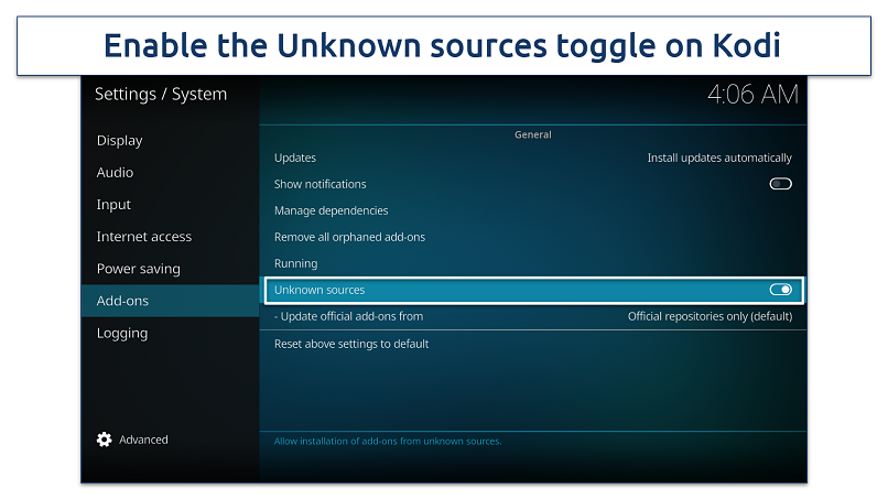 Screenshot of Add-ons settings screen on Kodi