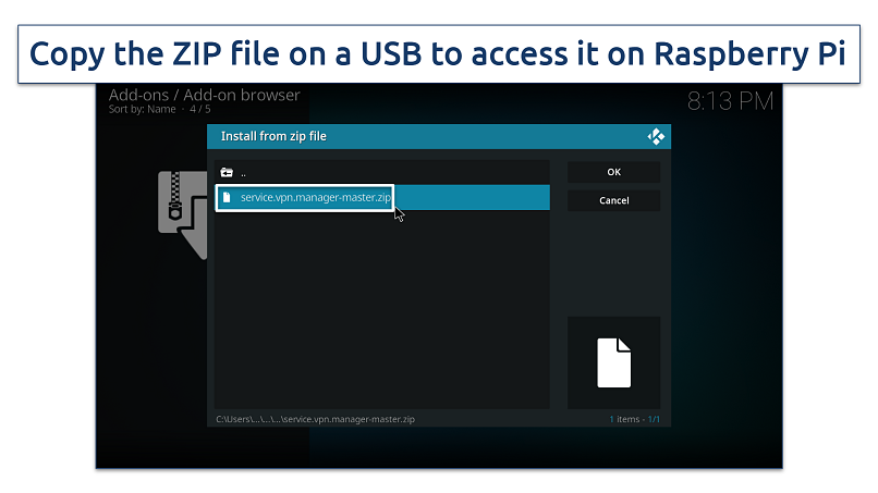 Screenshot of install from zip file window on Raspberry Pi