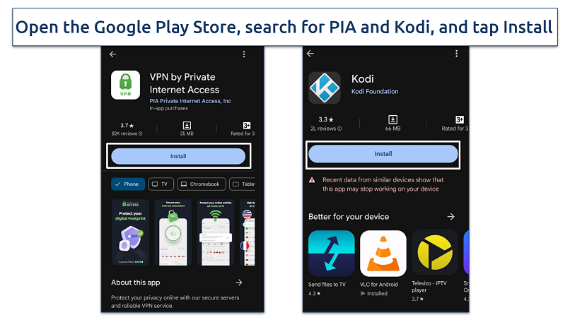 Screenshot of the PIA and Kodi installation screens