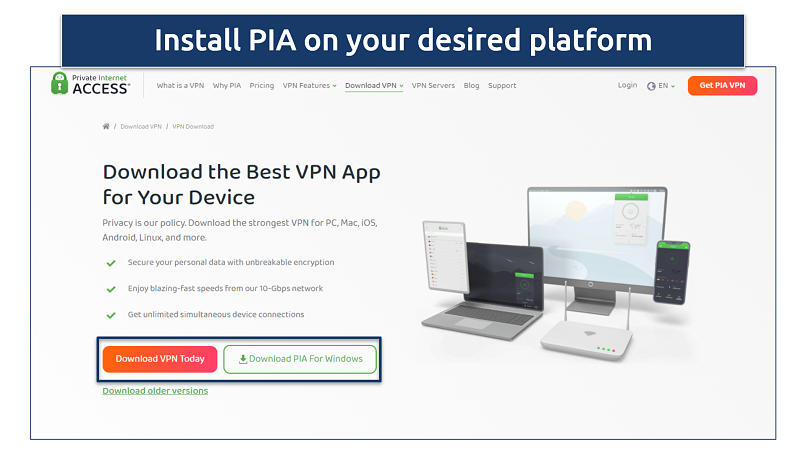 Screenshot of PIA's download page