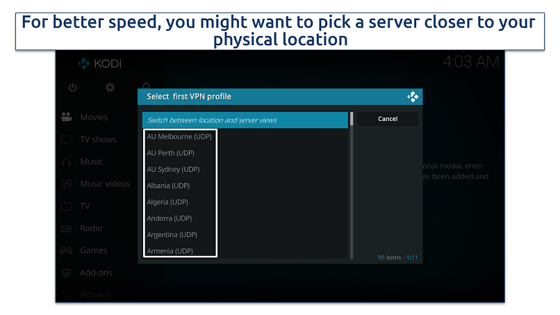 Screenshot of the PIA servers list on the add-on