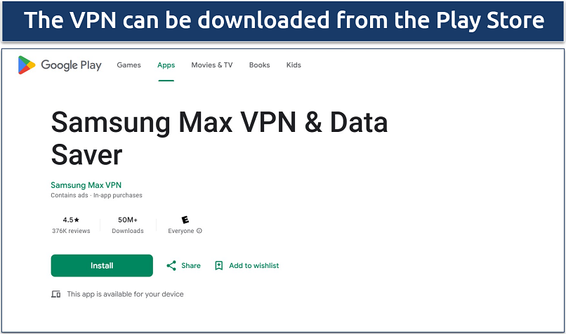 A screenshot of the Samsung Max VPN on the Google Play Store 