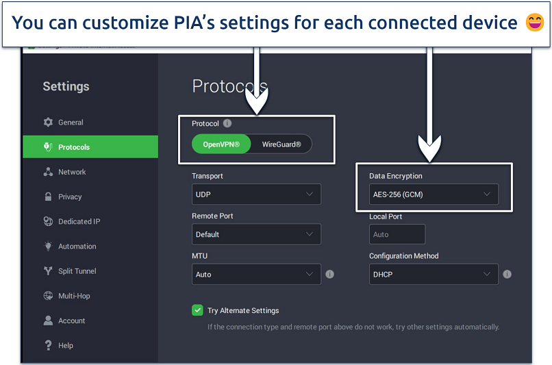 Screenshot of PIA's customized security settings