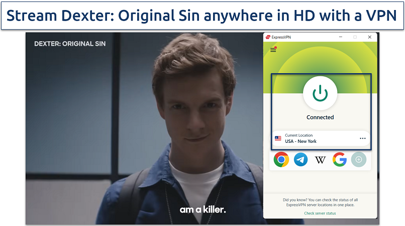 Screenshot showing Dexter: Original Sin streaming with ExpressVPN