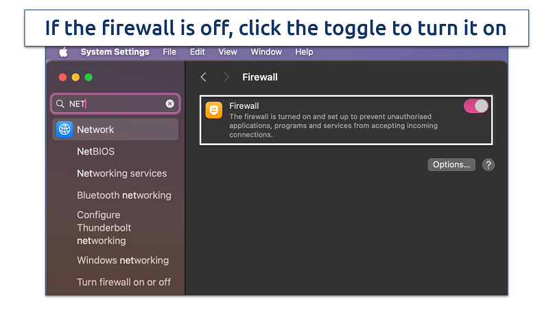 Screenshot of Firewall toggle