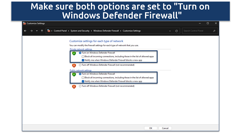 Screenshot of Windows Defender Firewall customization window