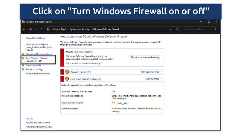 Screenshot of Windows Defender Firewall