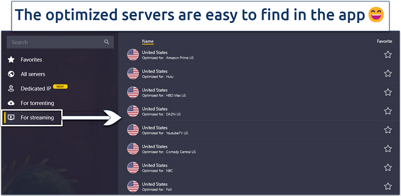 Screenshot of CyberGhost's optimized servers in the app