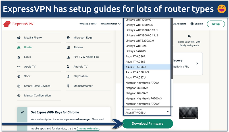 Screenshot of ExpressVPN router installation page showing compatible routers