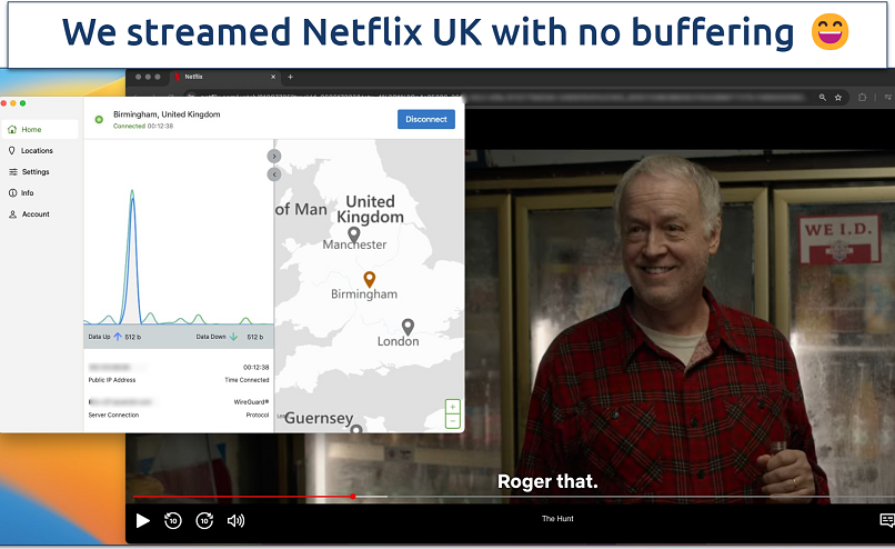 Screenshot of Netflix UK streaming with the IPVanish app in the background