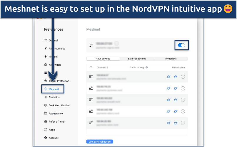 Screenshot of NordVPN's Meshnet feature in macOS app