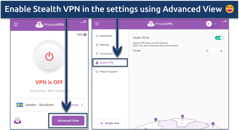 Screenshot of PrivateVPN Stealth VPN in Advanced View features