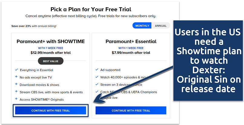 Screenshot showing the free trial option on Paramount+