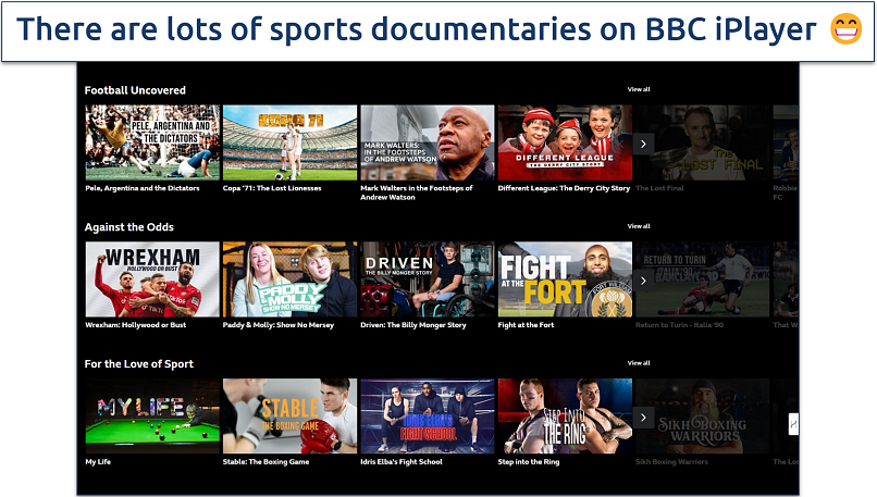 Screenshot showing various sports documentary available on BBC iPlayer