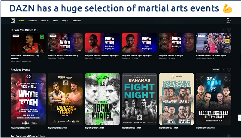 Screenshot showing some combat sports events available on DAZN