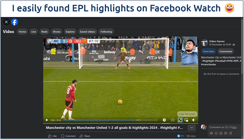 Screenshot showing highlights of the Manchester Derby playing on Facebook watch