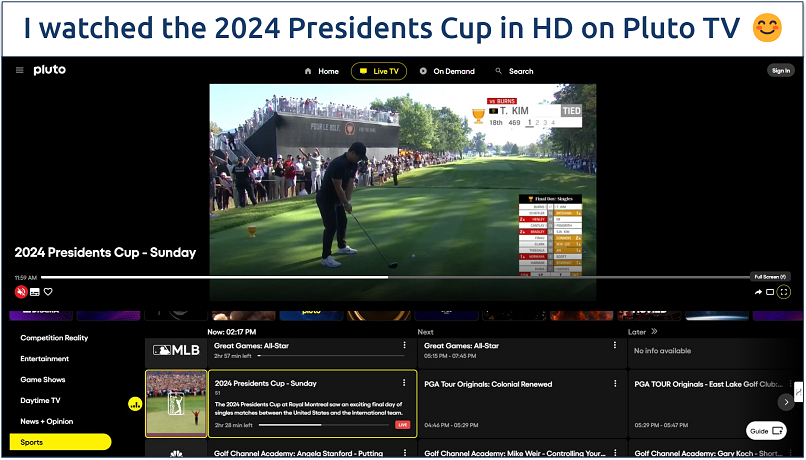 Screenshot showing a golf tournament playing on Pluto TV