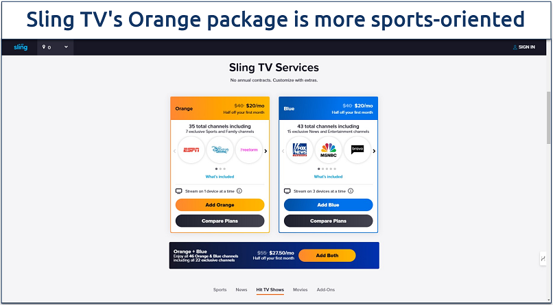 Screenshot showing Sling TV streaming packages