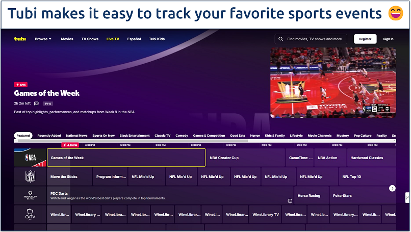 Screenshot showing a schedule of upcoming games on tubi