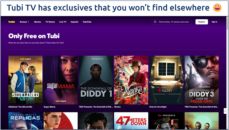 Screenshot showing some shows and documentaries that are exclusive to Tubi TV