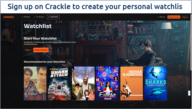 Screenshot of Crackle showing the watchlist tab