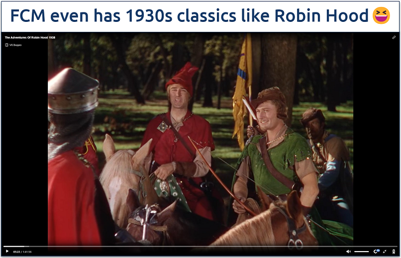 Screenshot showing the  1930s classic Robin Hood playing on Free Cinema Movies