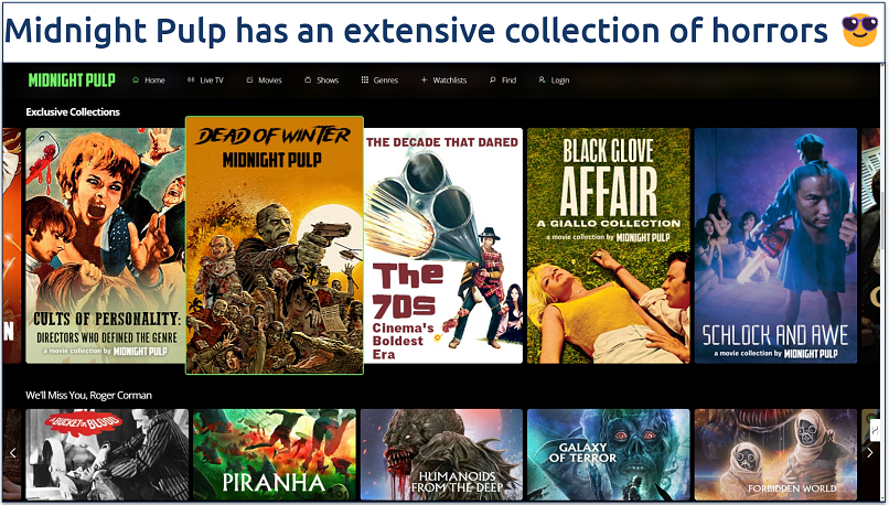 Screenshot showing some horror movies available on Midnight Pulp