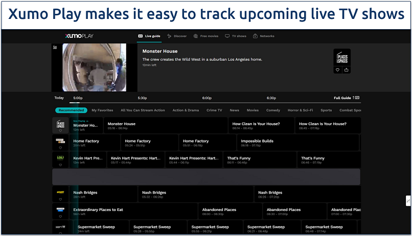 Screenshot showing the Xumo Play live TV guide