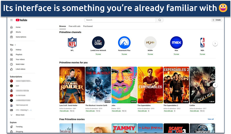 Screenshot showing the YouTube Movies homepage