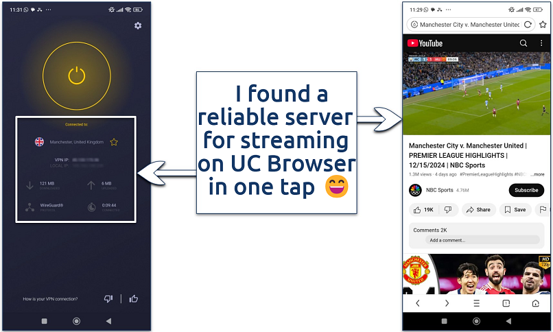 Screenshot of a YouTube video playing on UC Browser with the CyberGhost Android app connected to a UK server