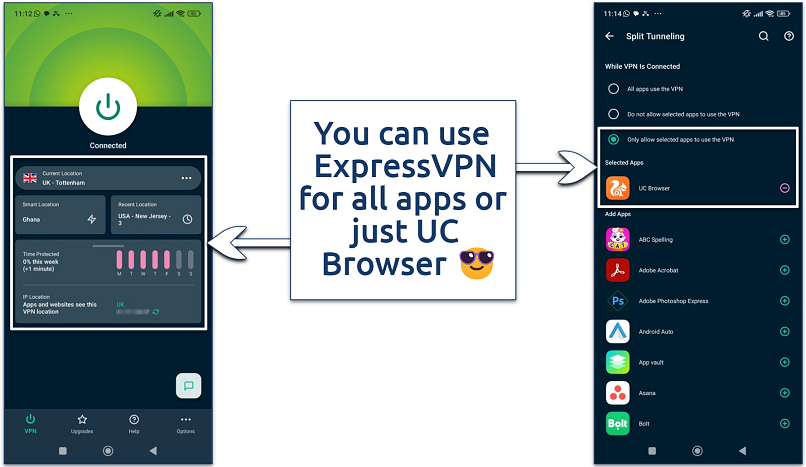 Screenshot of the ExpressVPN Android app showing how to use VPN connection for selected apps