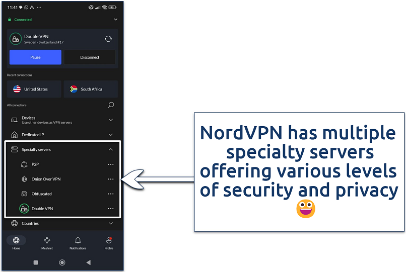 Screenshot of the NordVPN Android app showing the available specialty servers