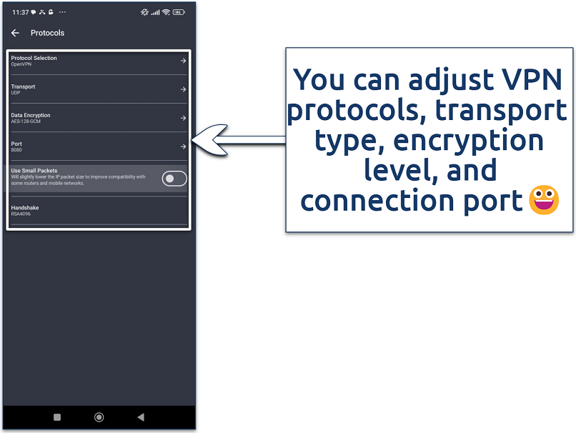 Screenshot of the PIA Android app showing the available connection customization options