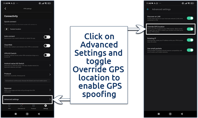 Screenshot of the Surfshark Android app showing how to enable GPS spoofing