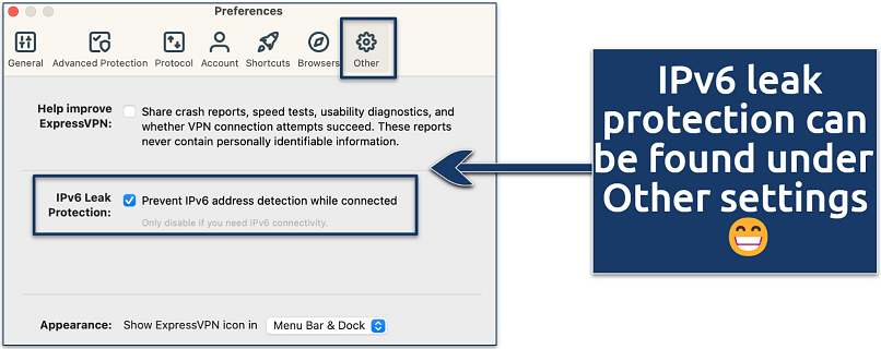 Screenshot showing how to activate ExpressVPN's IPv6 leak protection