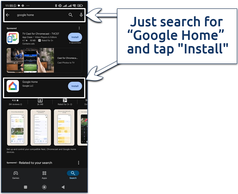 Screenshot showing how to install Google Home on an Android device