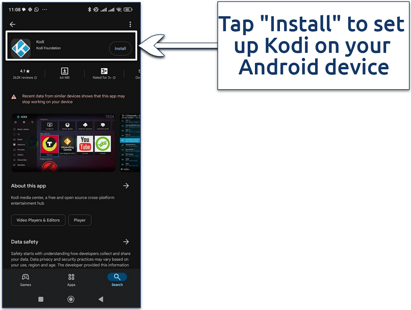 Screenshot showing how to install Kodi on an Android device