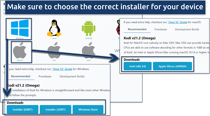 Screenshot showing some of the platforms supported by Kodi, along with the installers available for both Windows and Mac devices