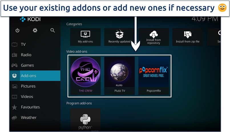 Screenshot showing the Kodi homepage on PC, along with several installed video addons