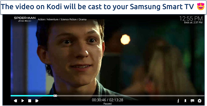 Screenshot showing the Spiderman movie playing on Kodi
