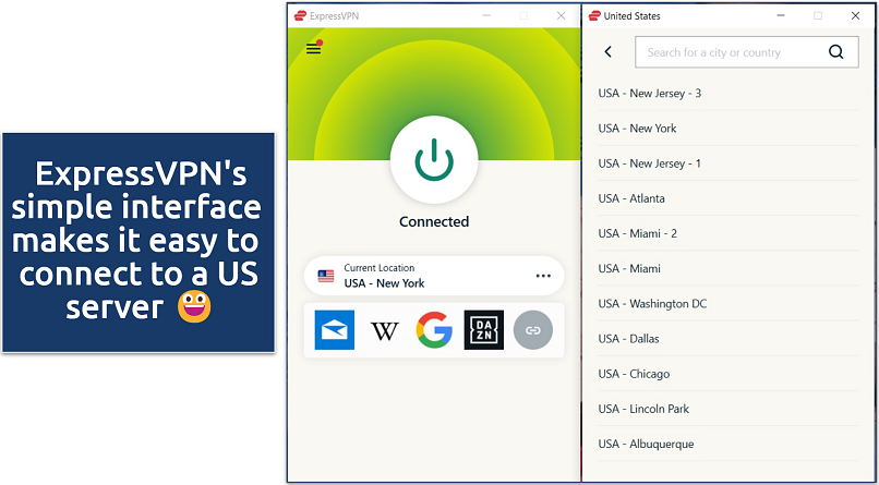 A screenshot of the ExpressVPN Windows app showing all US servers, with a connection to the New York server