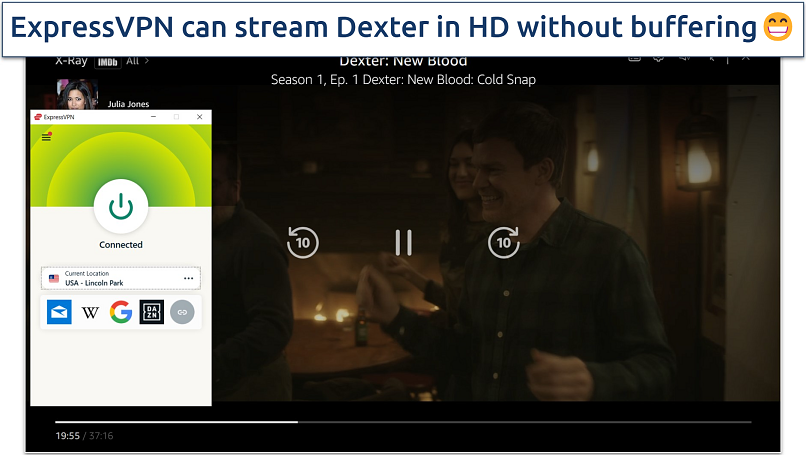 A screenshot showing Dexter New Blood on Amazon Prime Video with ExpressVPN connected to the Lincoln server