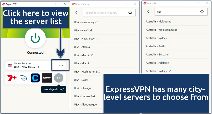 Screenshot showing ExpressVPN's servers in the US and Australia, with a connection to the New Jersey server