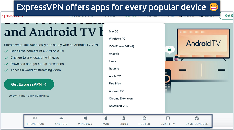 Screenshot showing some of the devices and platforms ExpressVPN supports