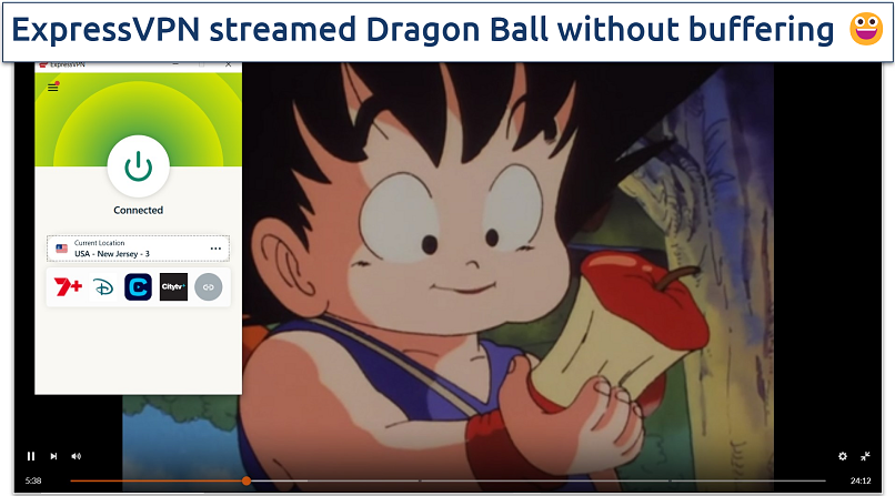 Screenshot of a Dragon Ball Fire episode streaming on Crunchyroll, with ExpressVPN connected to the US