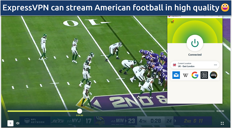 Screenshot of the Jets vs. Minnesota Vikings highlights from the London game on ITVX