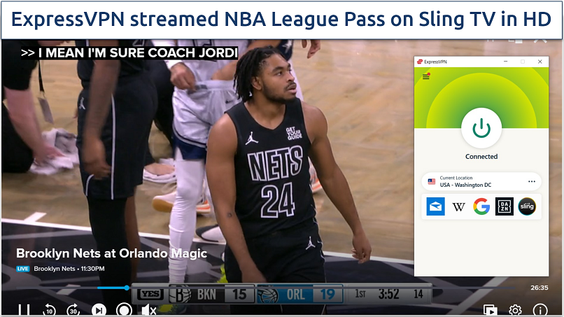 Screenshot of the Nets vs. Magic live stream on Sling TV through NBA League Pass