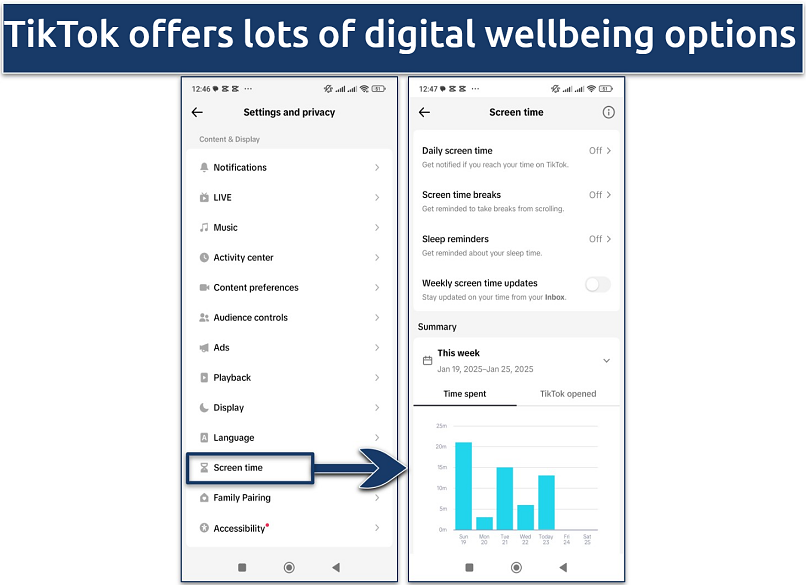 Screenshot showing TikTok's digital wellbeing and screen time settings options