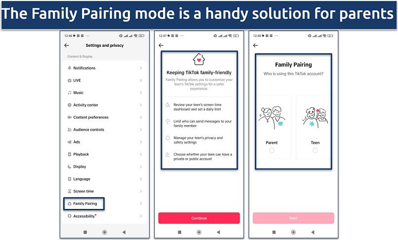 Screenshot showing TikTok's Family Pairing mode