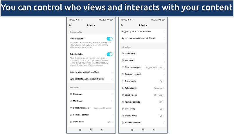 Screenshot showing TikTok's privacy settings options